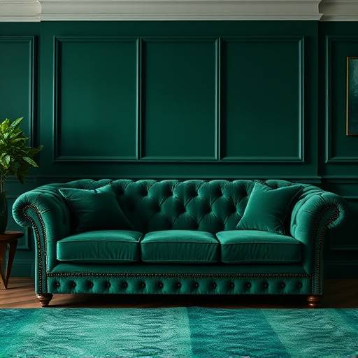 A luxurious, plush velvet sofa in a deep emerald green color.