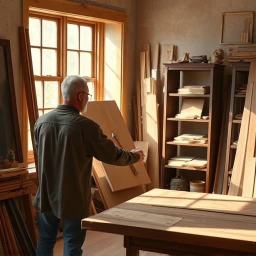 Artisan carefully selecting wood for furniture frame