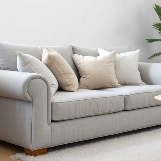 Elegant, light gray linen sofa with plush cushions